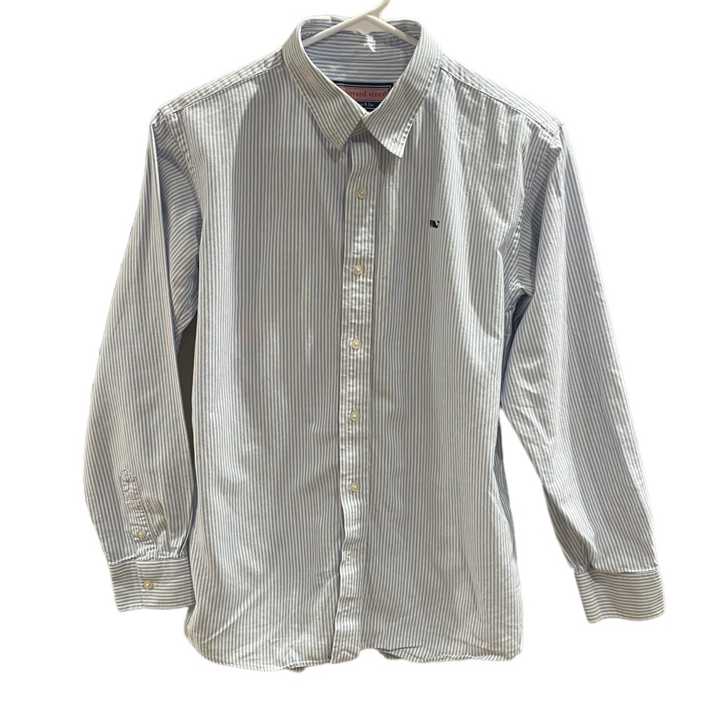 Vineyard Vines Boys White and Light Blue Striped Button Down Shirt